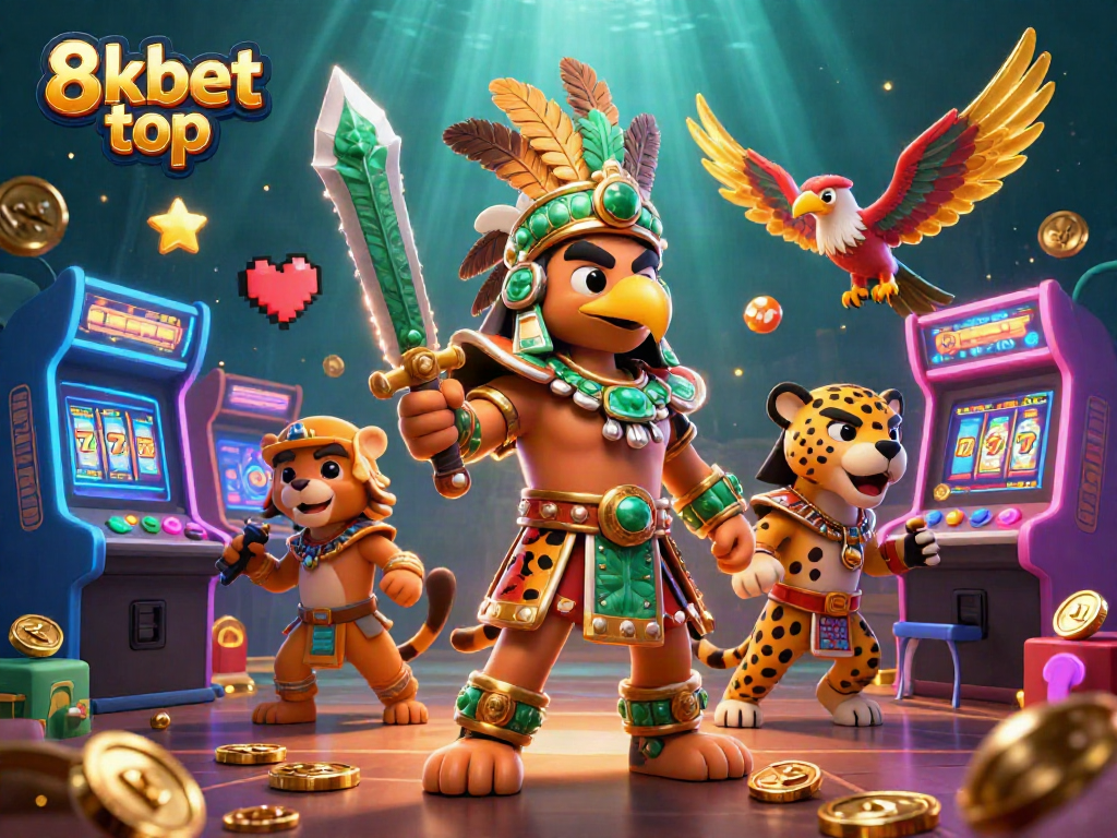 Engage with 8kbet top in an exciting casino adventure featuring an Aztec warrior, arcade games, and jackpot elements.