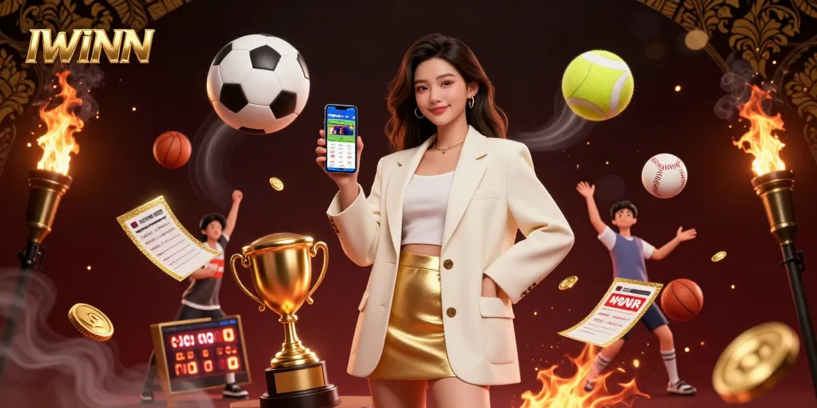 Experience thrilling sports betting action with IWINN in an energetic, visually rich illustration featuring a friendly Asian woman.