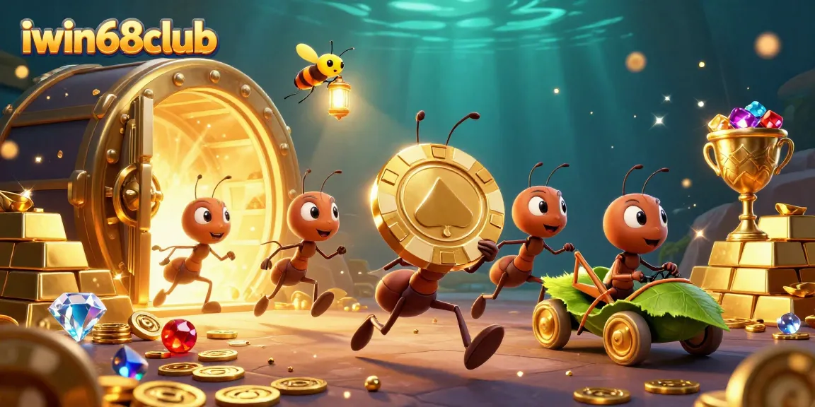 Iwin68club portrays a heist with cartoon ants carrying a giant poker chip surrounded by treasures in a vibrant casino scene.