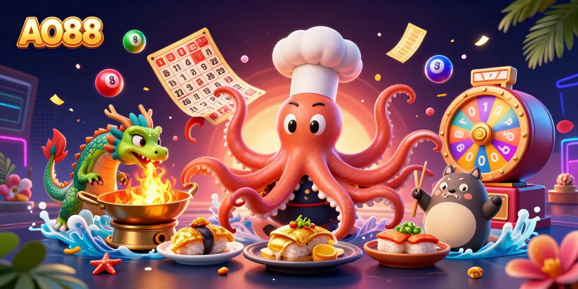A thrilling AO88 gaming scene with a sushi chef octopus, dragon, and tanuki engaging in lottery games amidst vibrant elements.
