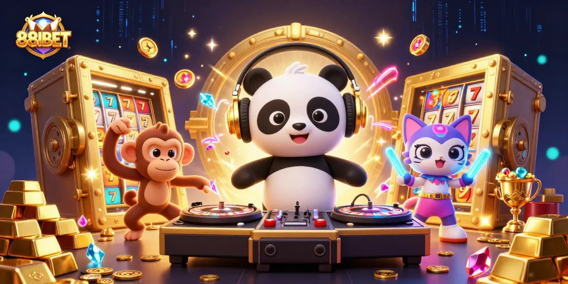 Experience 88IBET's vibrant casino world with DJ panda, monkey, and kitten amidst riches.