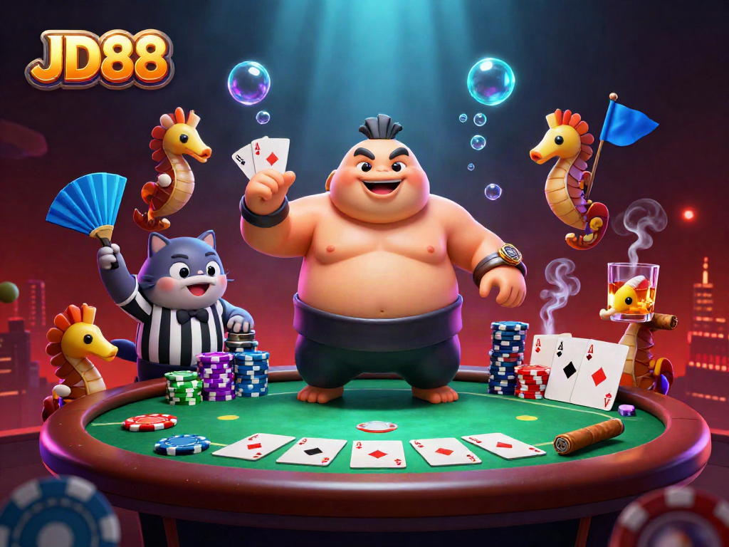 JD88 showcases vibrant underwater gambling with a sumo fugu and lively audience in a dynamic casino scene.