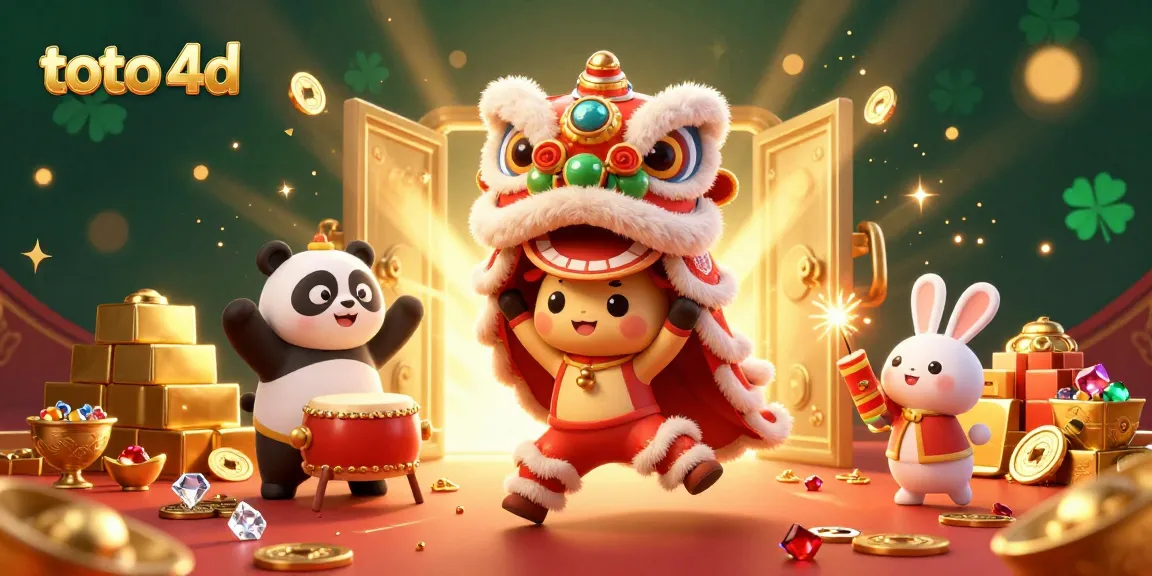 Toto 4D carnival celebration showcasing vibrant lion dance and riches for a lucky win.