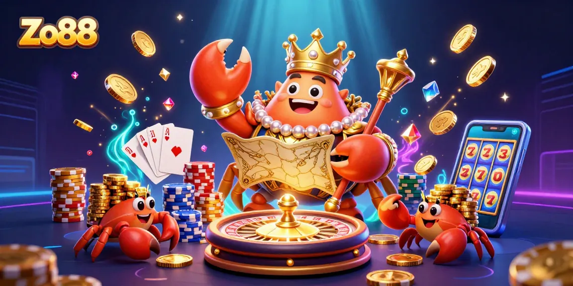 Engage in thrilling gameplay at Zo88 with a golden crab emperor overseeing a casino scene.