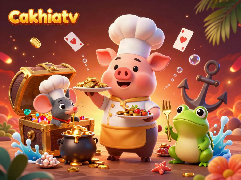 Cakhiatv offers an exquisite scene of a chef pig serving gold coins in a vibrant casino atmosphere.