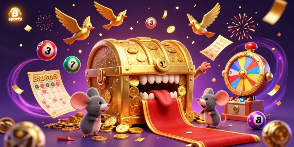 B sports offers dynamic gambling excitement with colorful lottery elements and rich visuals in a vibrant casino scene.