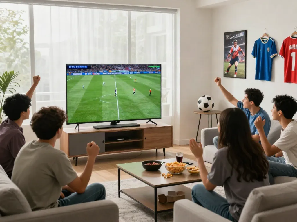 Friends enjoying Thapcamtv football match in a lively living room