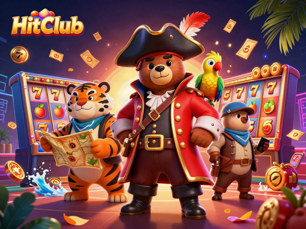 Experience thrilling slots action at HitClub with animated characters and festive casino elements.