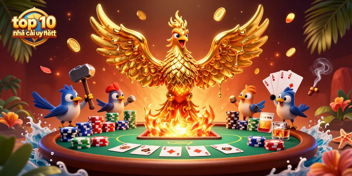 Experience the excitement of top 10 nhà cái uy tín with golden phoenix emerging from a casino forge.