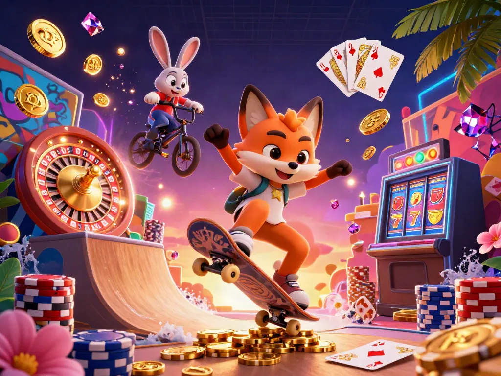 Xoilac-TV showcases a lively 3D scene with a cartoon fox doing skateboard tricks over poker chips and casino-themed elements.