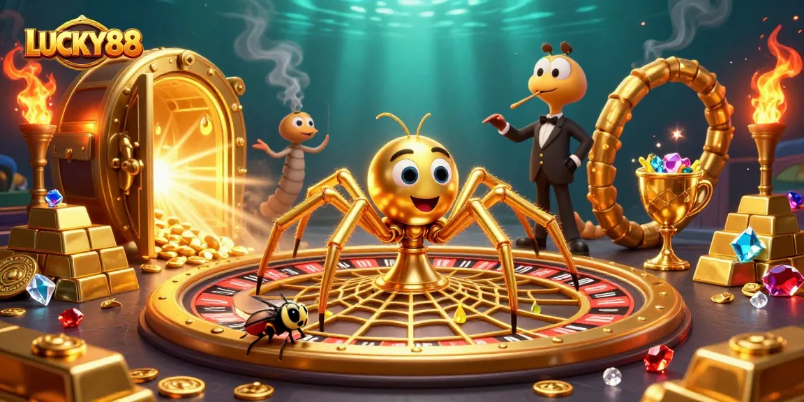 Place your bets with LUCKY88 as a golden spider creates a roulette wheel web in a vibrant casino scene.
