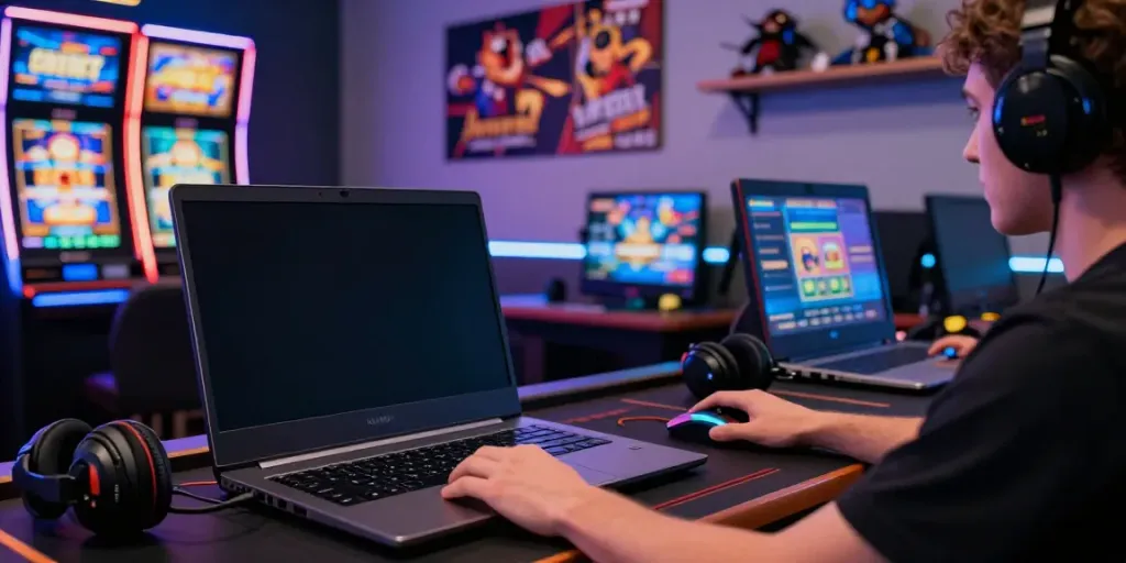 Player immersed in 8kbet online gambling experience with vibrant gaming setup and accessories.