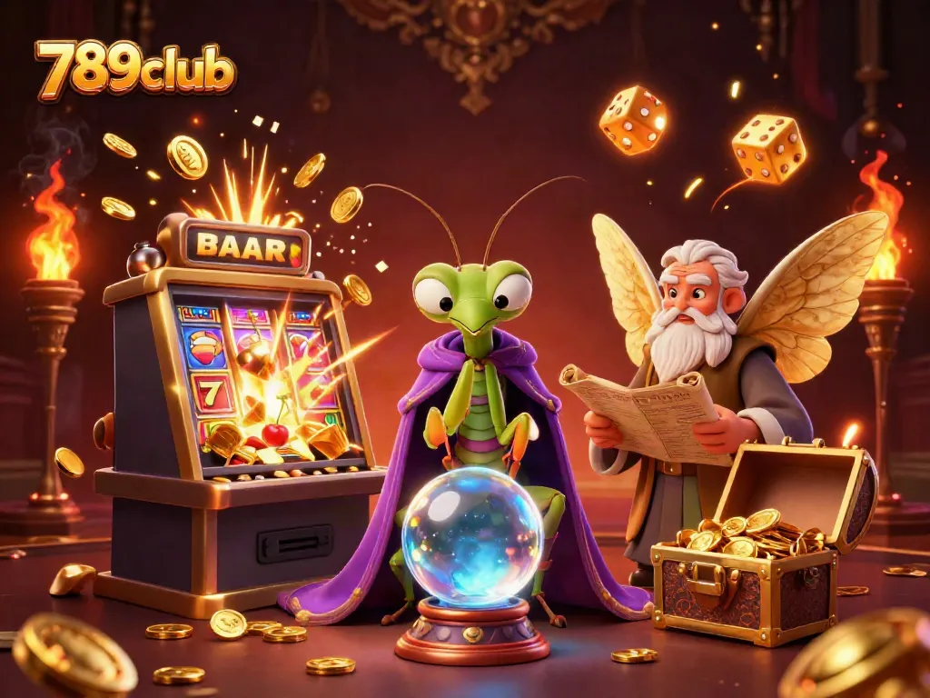 Experience thrilling action at 789club with cartoon fortune teller and slot elements.