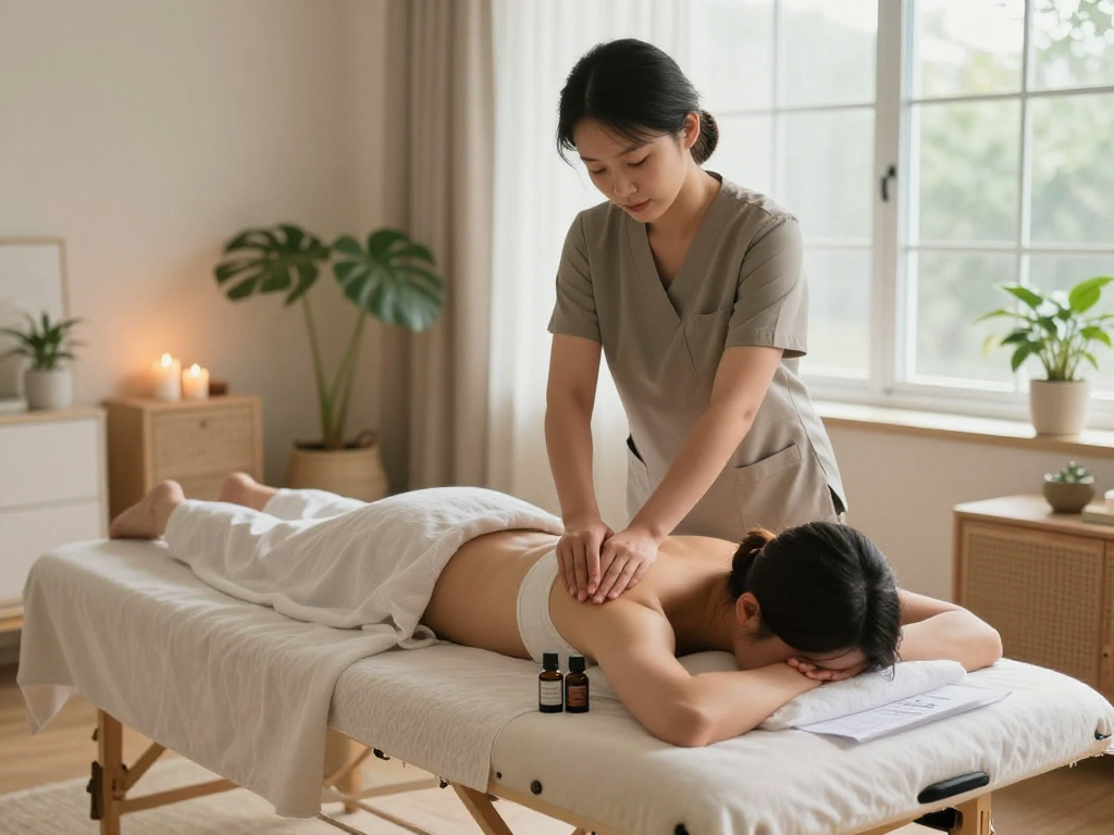 월곶출장마사지 in a serene home setting, therapist providing relaxing massage with soothing elements.