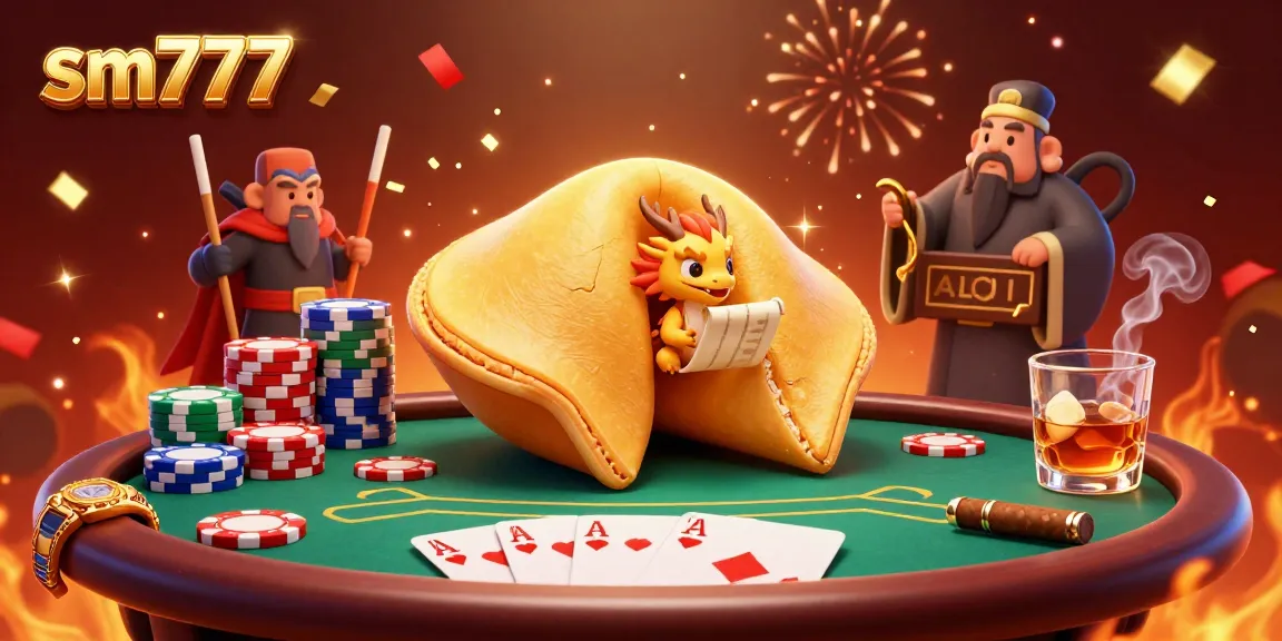 Experience thrilling gameplay at sm777 with a vibrant 3D illustration of fortune cookie characters and poker elements.
