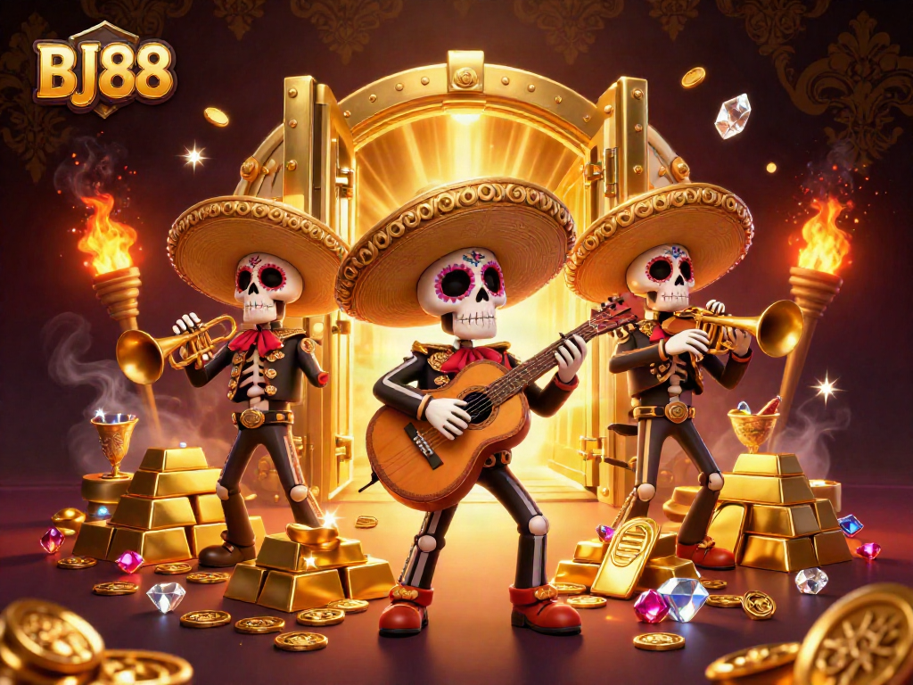Experience the vibrant atmosphere of BJ88 with dynamic characters amidst dazzling gold treasures.
