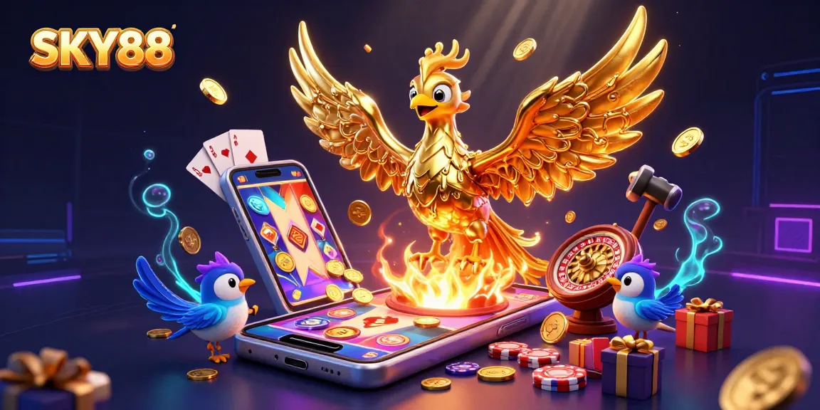 Engage in thrilling gaming experiences with SKY88's vibrant 3D casino scene featuring a unique golden phoenix.