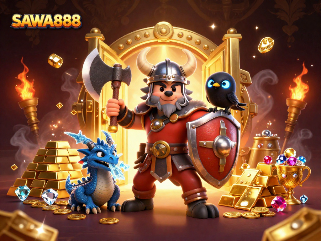 Spin to win with SAWA888 in a vibrant, casino-themed fantasy scene showcasing adventure and treasures.