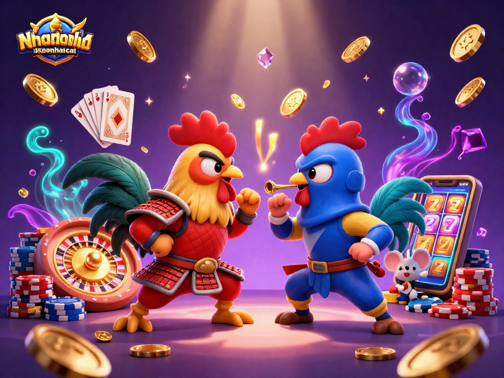 Engage with thrilling action at nhandinhkeonhacai featuring rooster duel with vibrant casino elements.