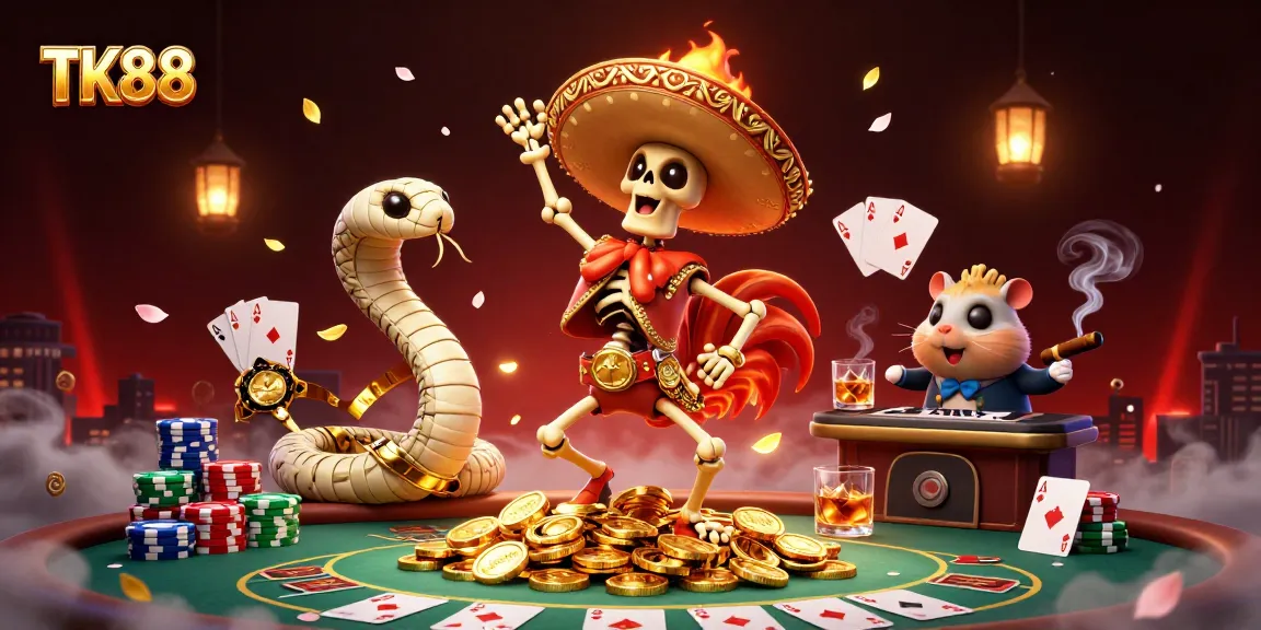 Experience excitement at TK88 with vibrant characters dancing among gold coins and casino elements.