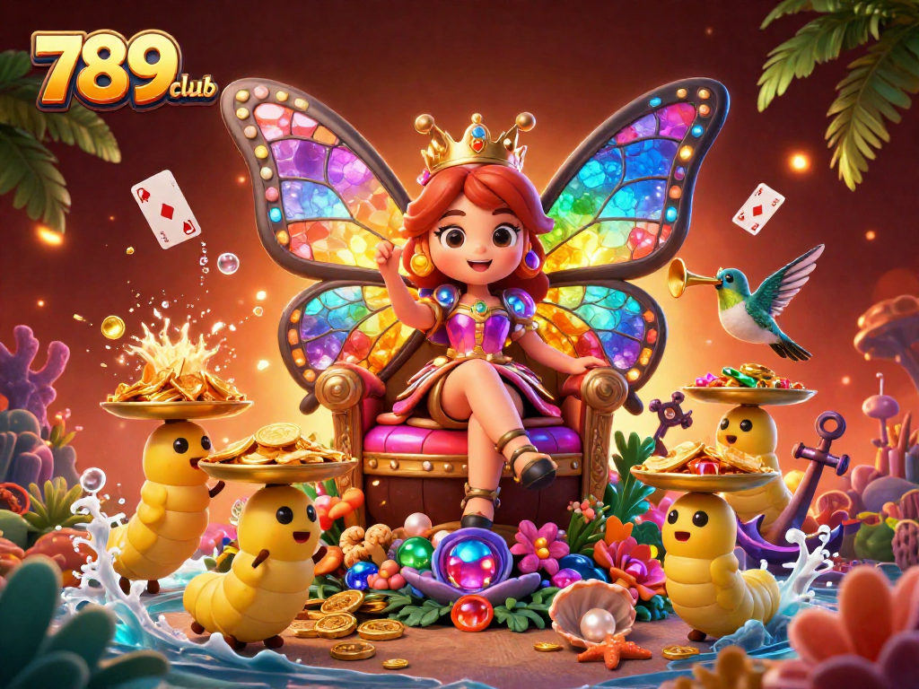 Experience the excitement of 789club with an enchanting 3D illustration of a butterfly queen surrounded by vibrant gaming elements.