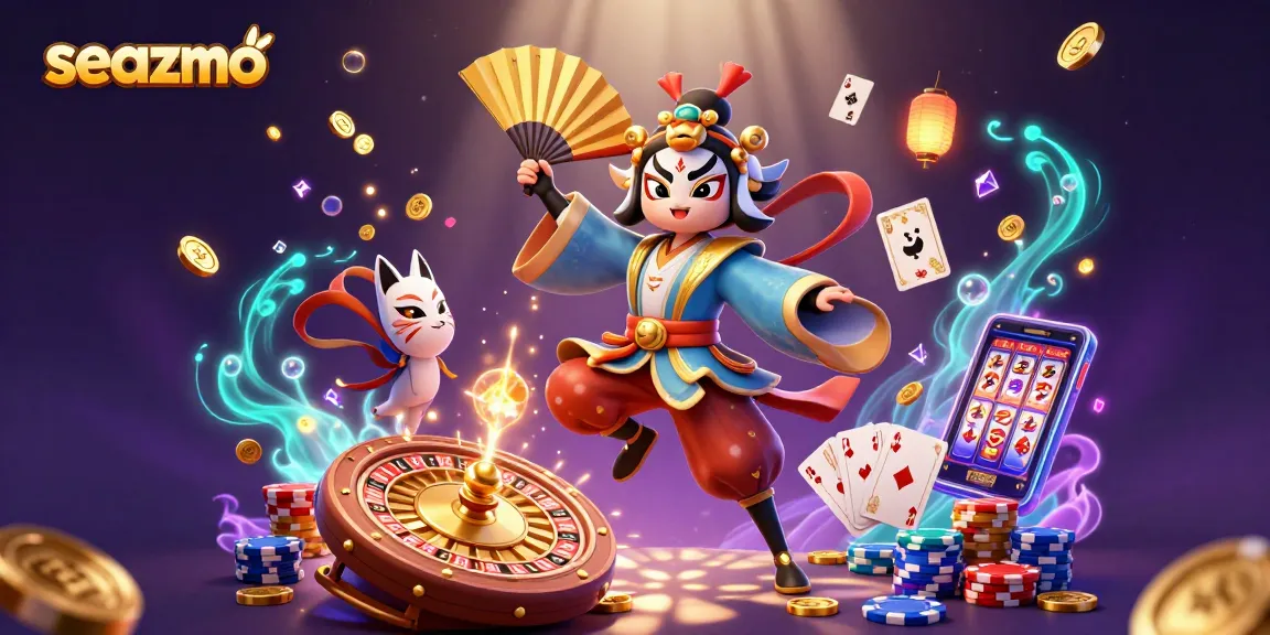 Experience the thrill at seazmo with a vibrant casino scene showcasing kabuki characters and magical elements.