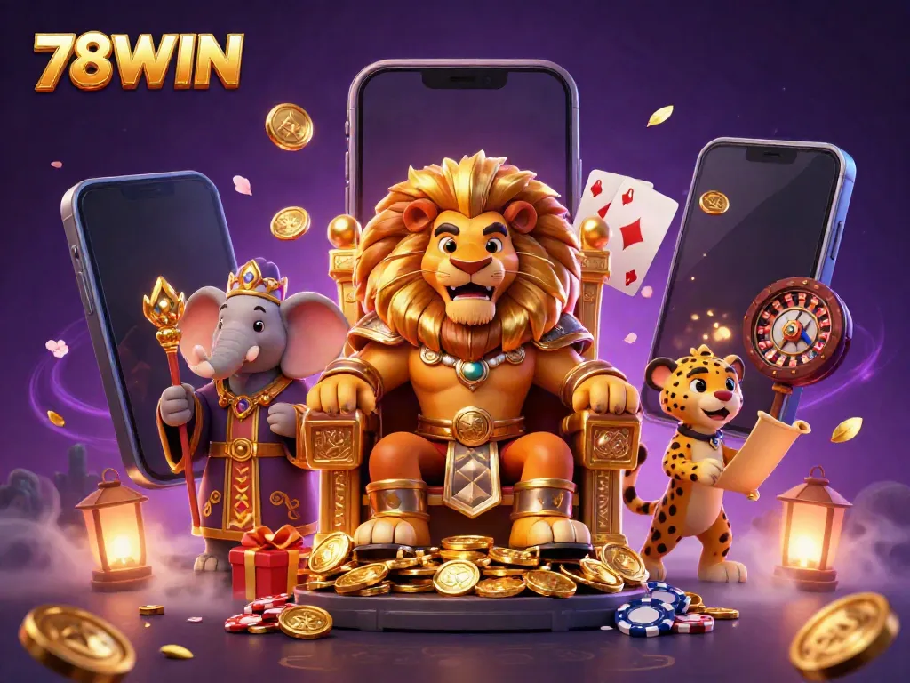 Engage in action at 78WIN with a dynamic casino scene featuring a lion king, elephant advisor, and cheetah messenger.