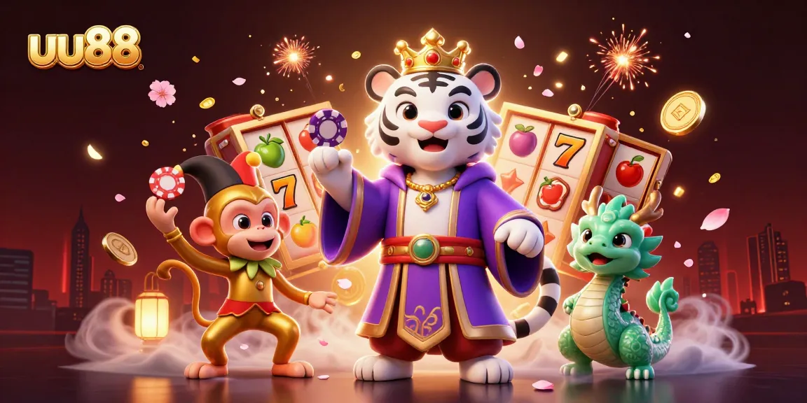 Experience thrilling slots at uu88 with a vibrant tiger, playful monkey, and jade dragon in a dynamic casino scene.
