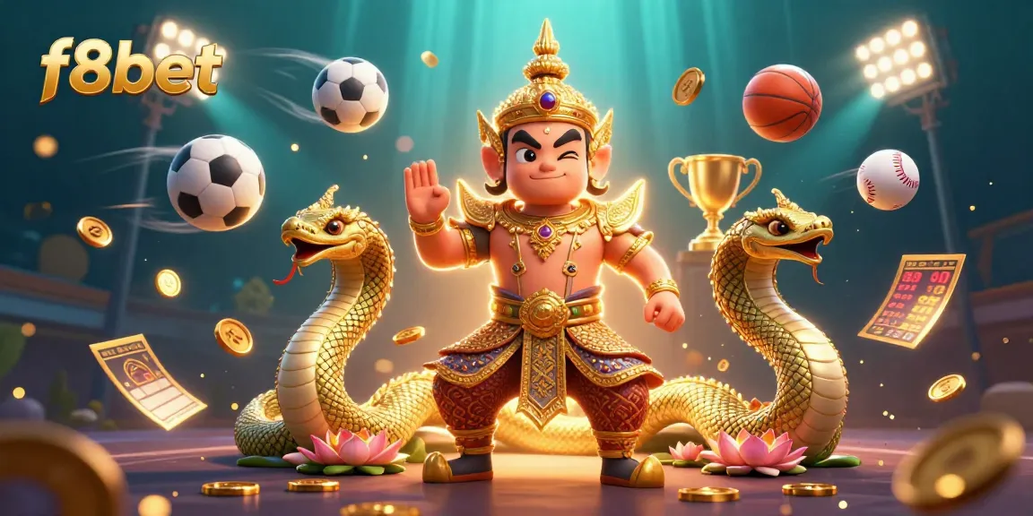 Experience the thrill of gaming with f8bet, featuring a vibrant illustration of a temple guardian and sports elements.