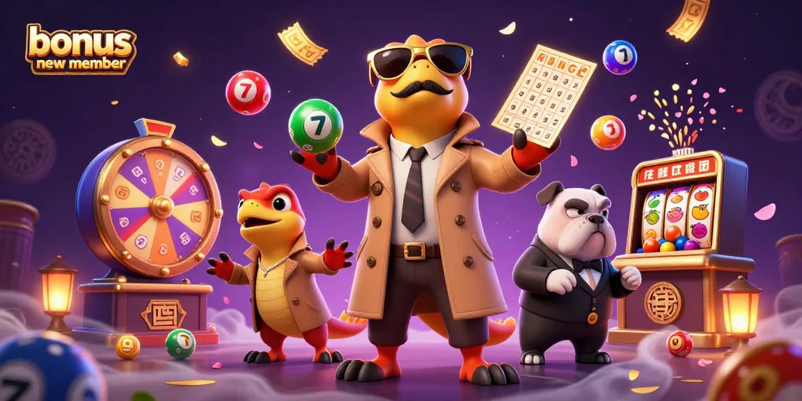 Engage with the vibrant casino scene showcasing "bonus new member" offers through animated raptors and dynamic game elements.
