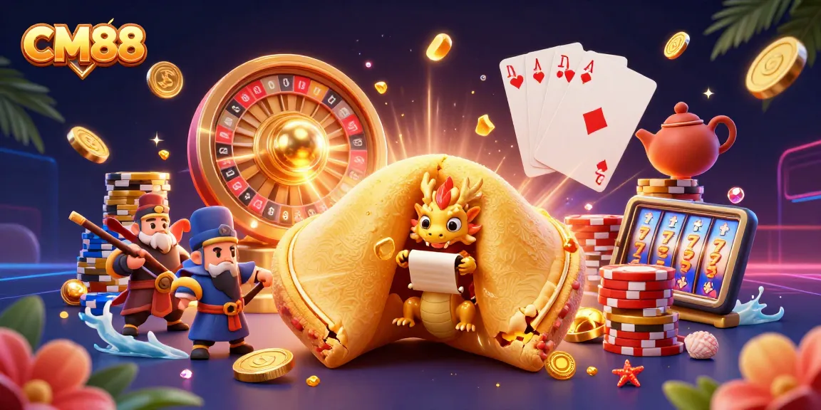 Engage with CM88's rich casino rewards, featuring a vibrant scene of fortune cookies, coins, and gaming characters.