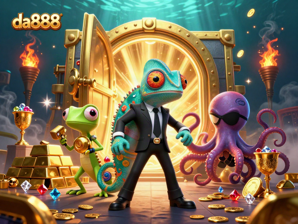 Experience excitement at da888 with a vibrant scene featuring charming characters exploring a treasure-filled casino.