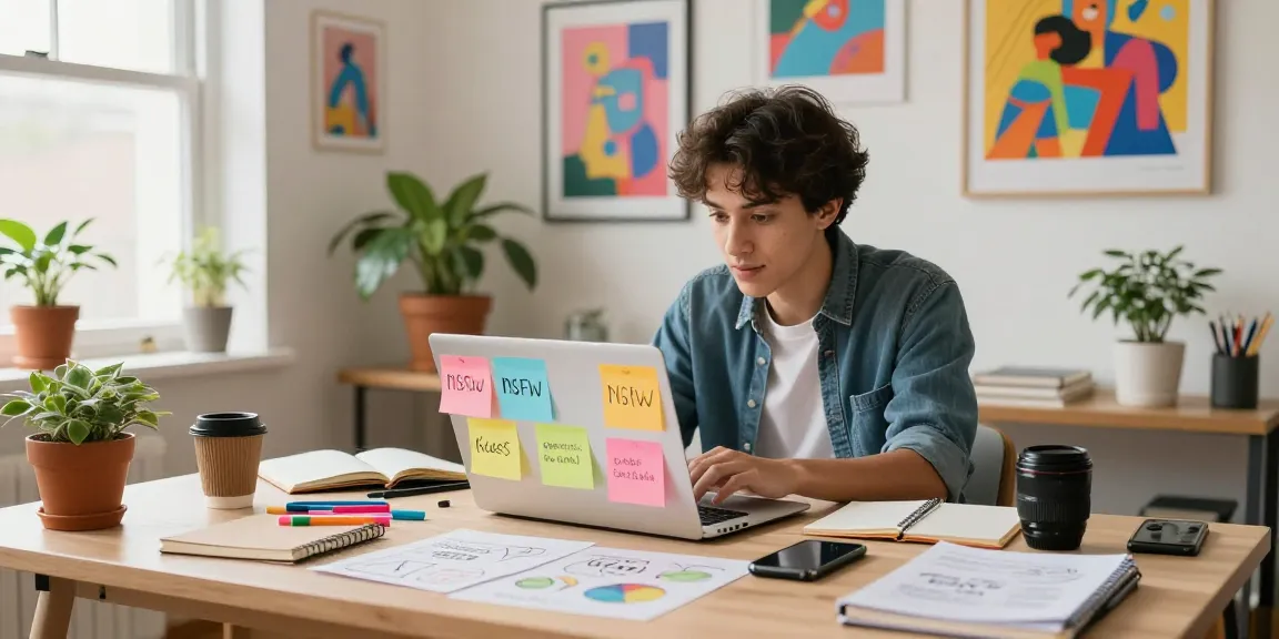 Home office scene with content creator focused on nsfw topics, colorful sticky notes, warm lighting.