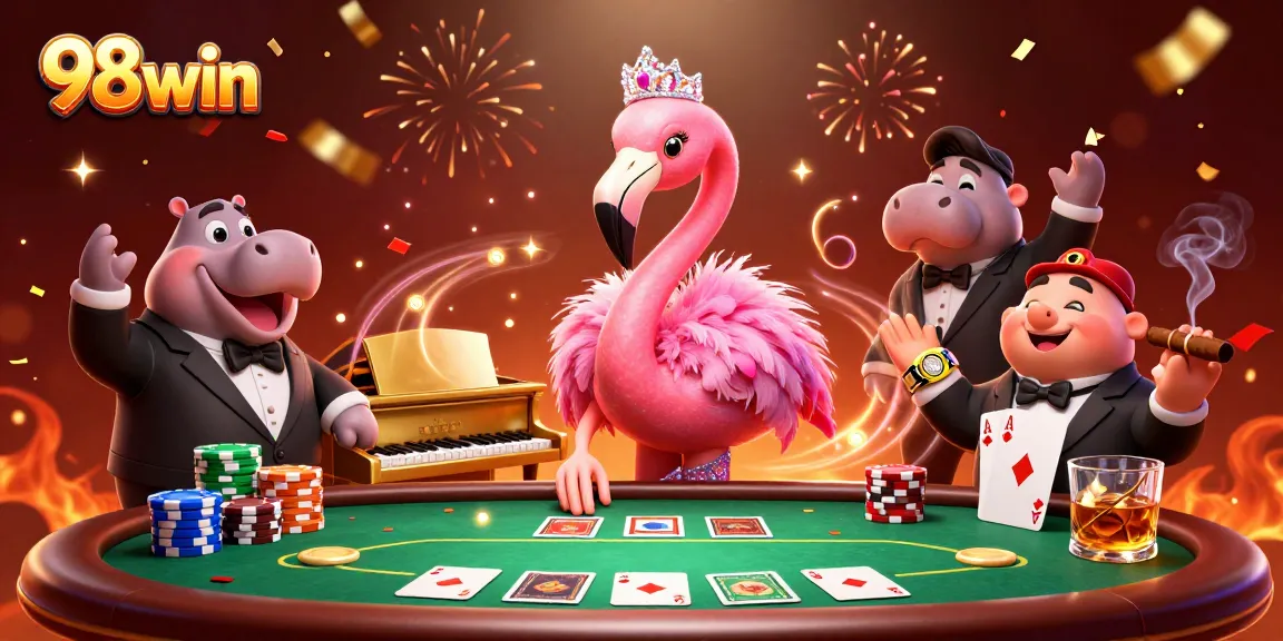 Experience thrilling wins at 98win with vibrant, lively 3D casino illustration showcasing poker elements.