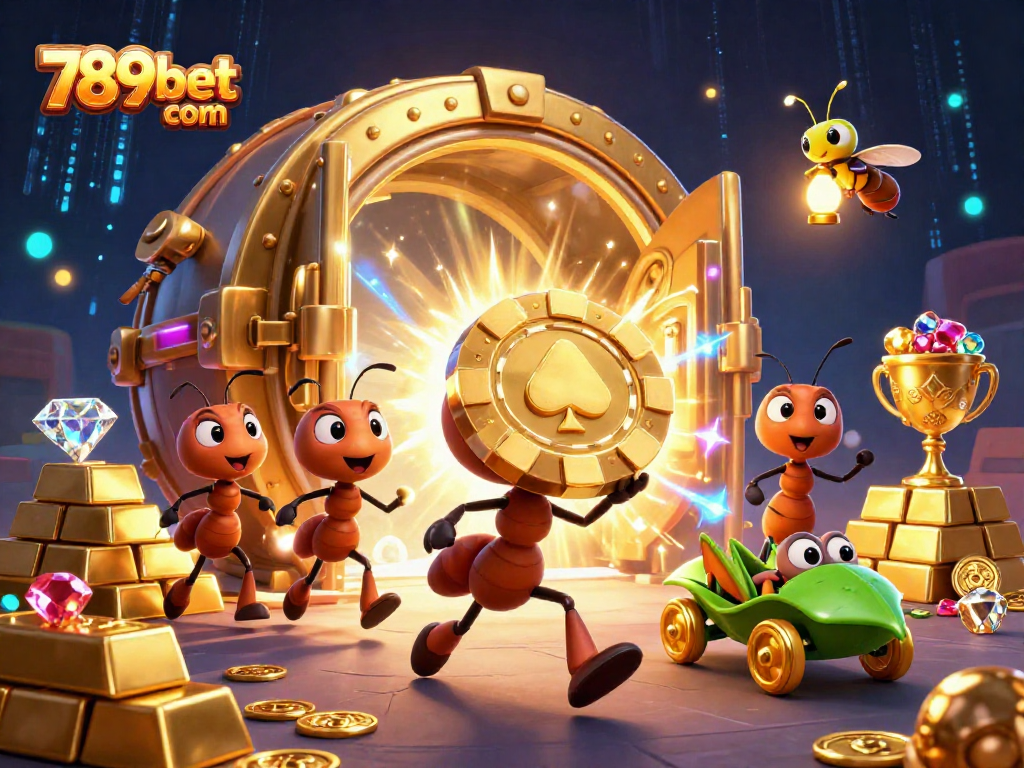 Engage with thrilling moments at 789bet com with ants heisting golden poker chips in a vibrant casino