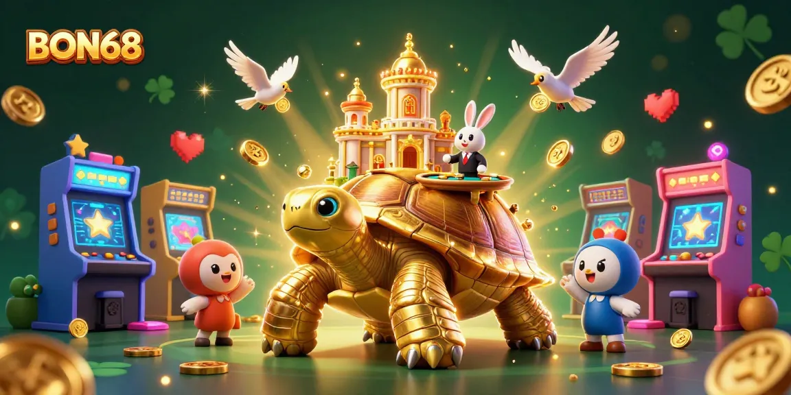 Experience the excitement with BON68 at a lively casino scene featuring a golden tortoise, blackjack dealer, and gold coins.