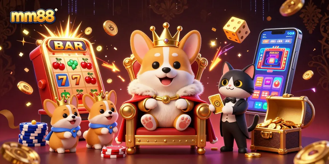 Experience mm88's thrilling gaming world with a royal corgi and luxurious casino imagery.