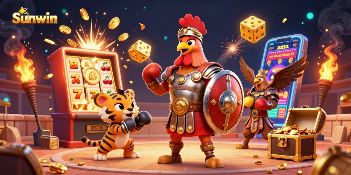 Engage in thrilling casino action with Sunwin amidst slot machines and vibrant game elements.