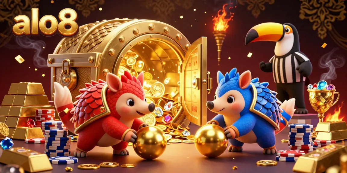 Alo8 pangolins bowling through poker chips, surrounded by golden treasures in a dynamic casino scene.