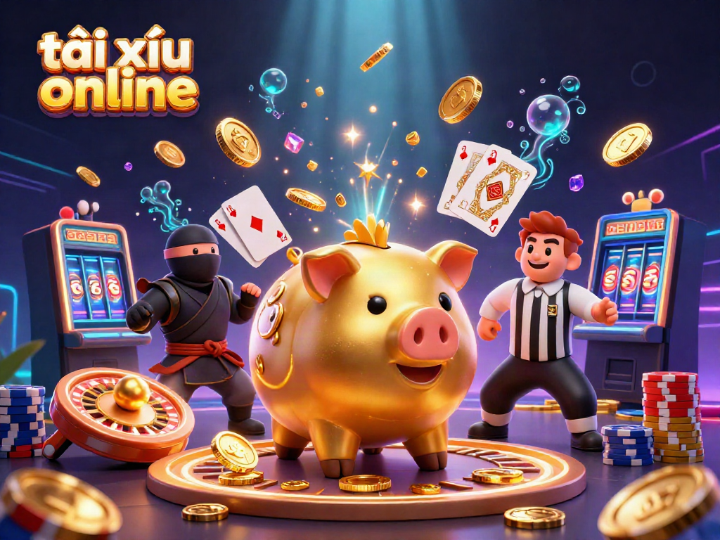 Engage with tài xỉu online in this vibrant scene featuring a golden piggy bank sumo wrestler and dynamic casino elements.