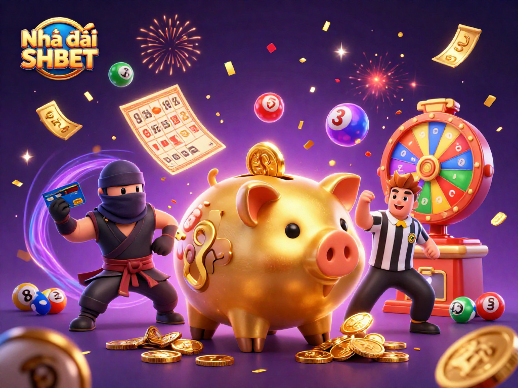 Engage with Nhà cái SHBET's vibrant gaming atmosphere featuring a golden piggy bank and dynamic elements.