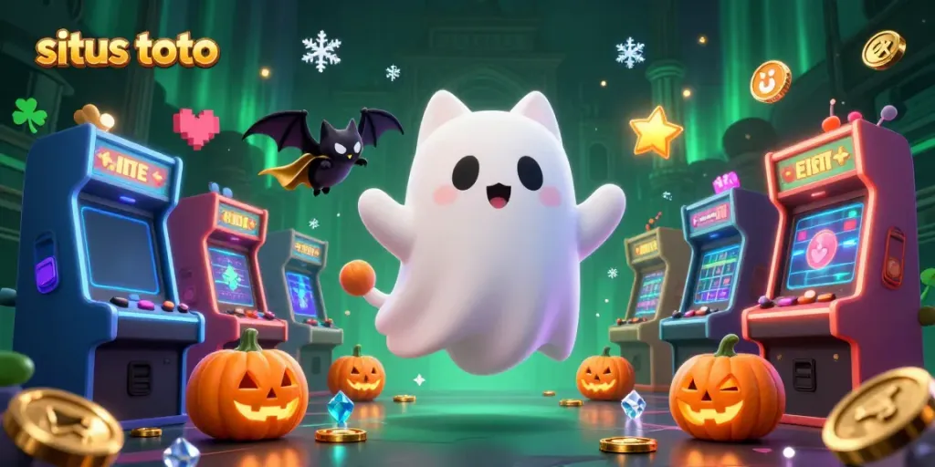 Engage with situs toto by exploring vibrant 3D casino elements featuring a friendly ghost cat and retro arcade visuals.
