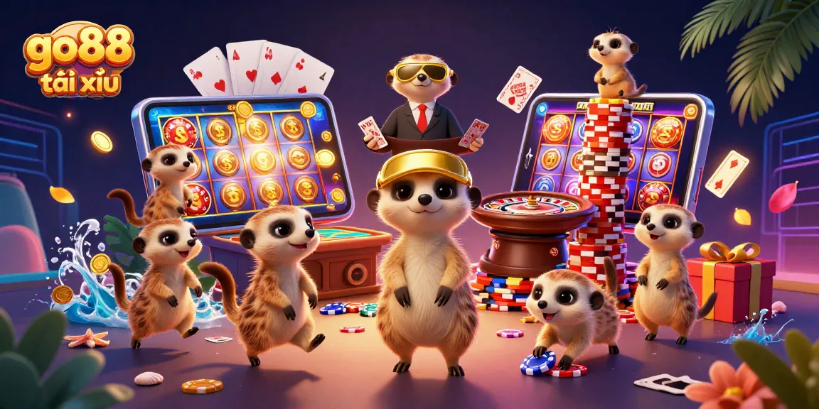 Experience thrilling go88 tài xỉu gameplay with lively meerkats managing a vibrant casino.