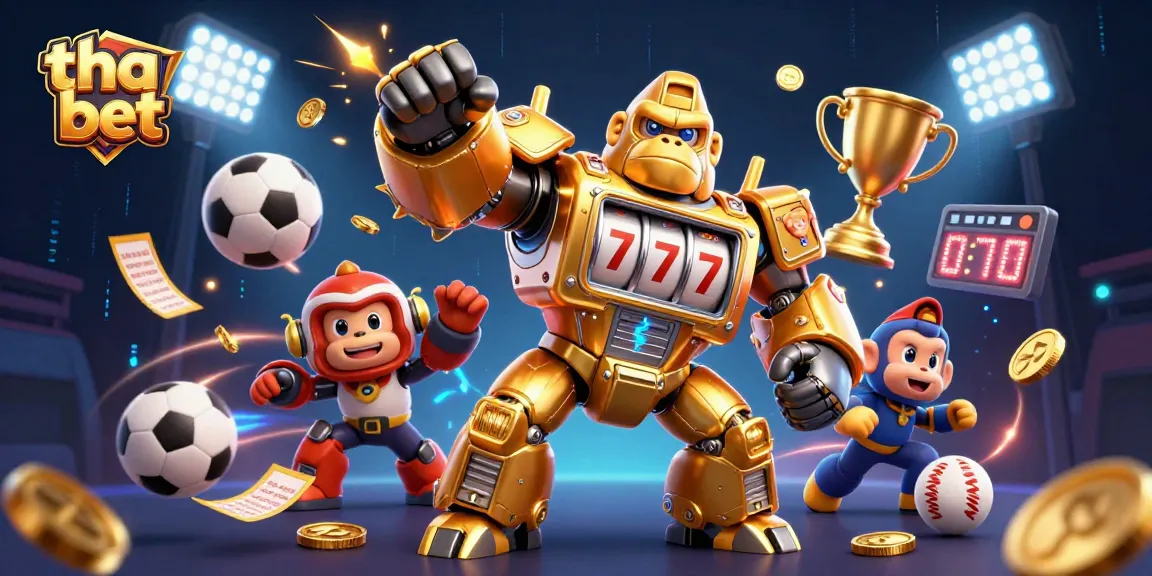 Experience thrilling action at tha bet with an energetic casino scene featuring a golden mech and sports elements.