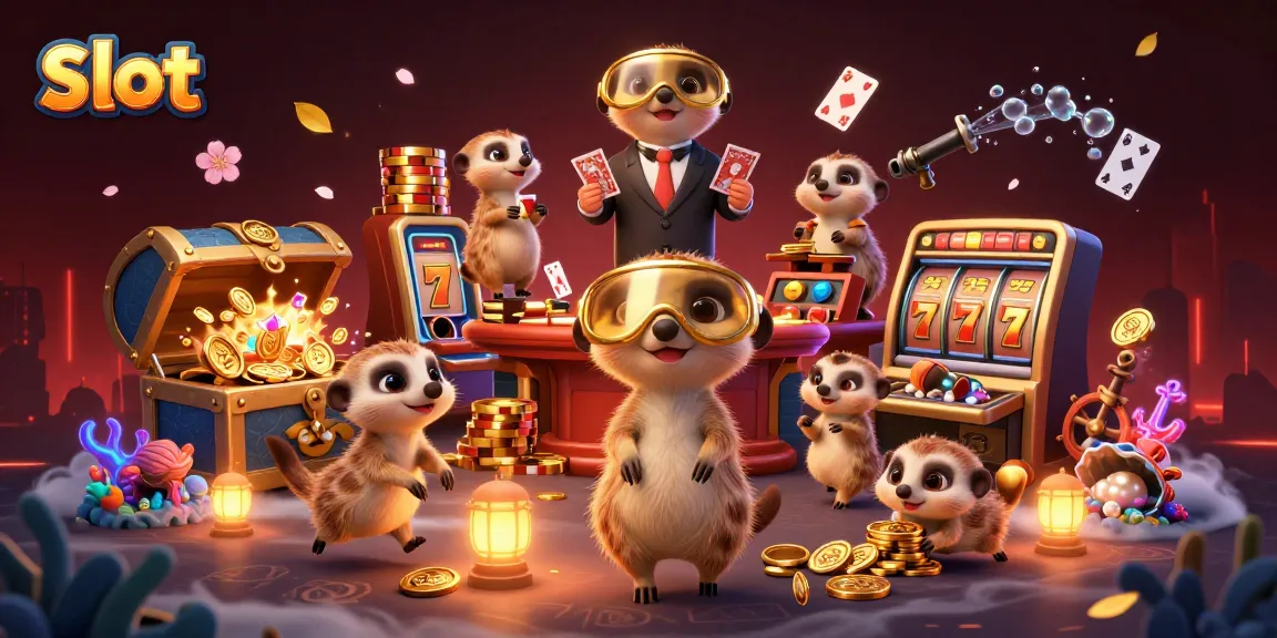Experience thrilling slot action with playful meerkats in this vibrant casino scene.