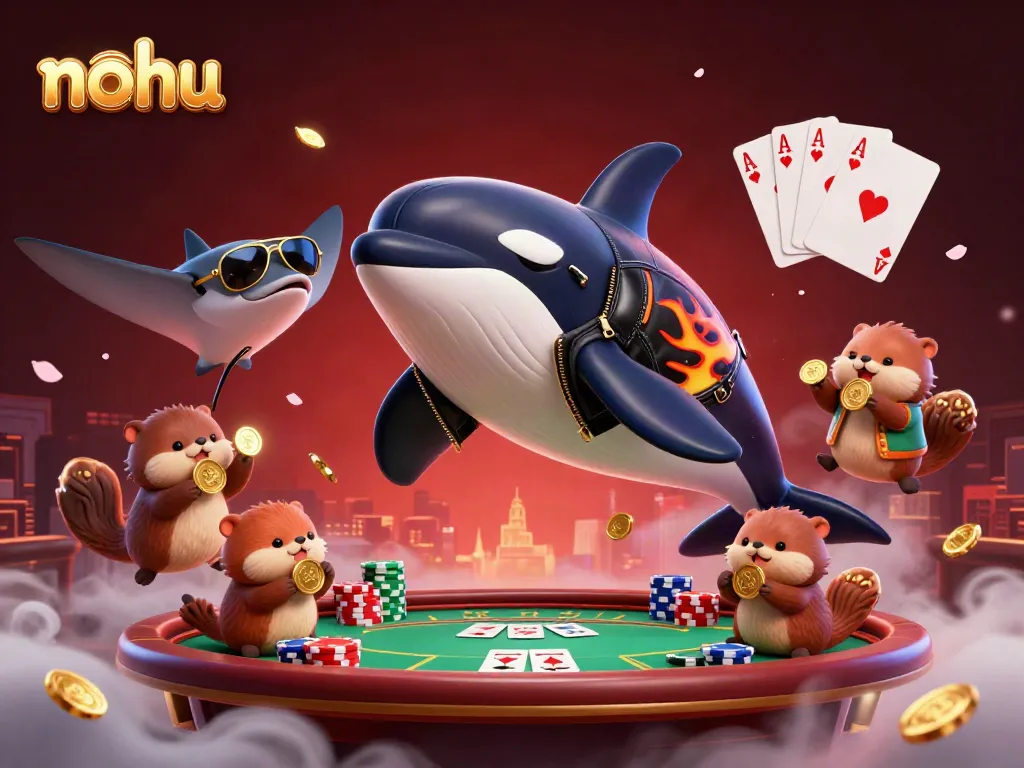 Engaging nohu atmosphere with a jumping orca and playful sea otters in a vibrant casino setting.