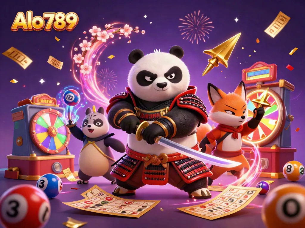 Alo 789 enhances your fun with a fierce samurai panda and ninja fox amidst dynamic casino elements.