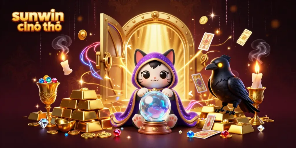 Experience the excitement of sunwin chính chủ with a mystical cat and raven in a treasure-filled casino scene.
