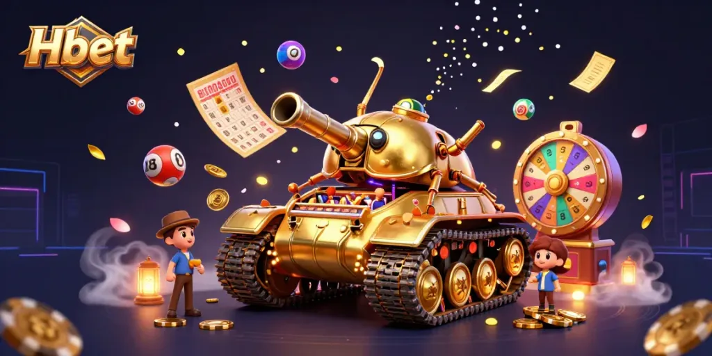 Engage with Hbet in a vibrant 3D casino scene filled with colorful lottery elements and dynamic confetti effects.