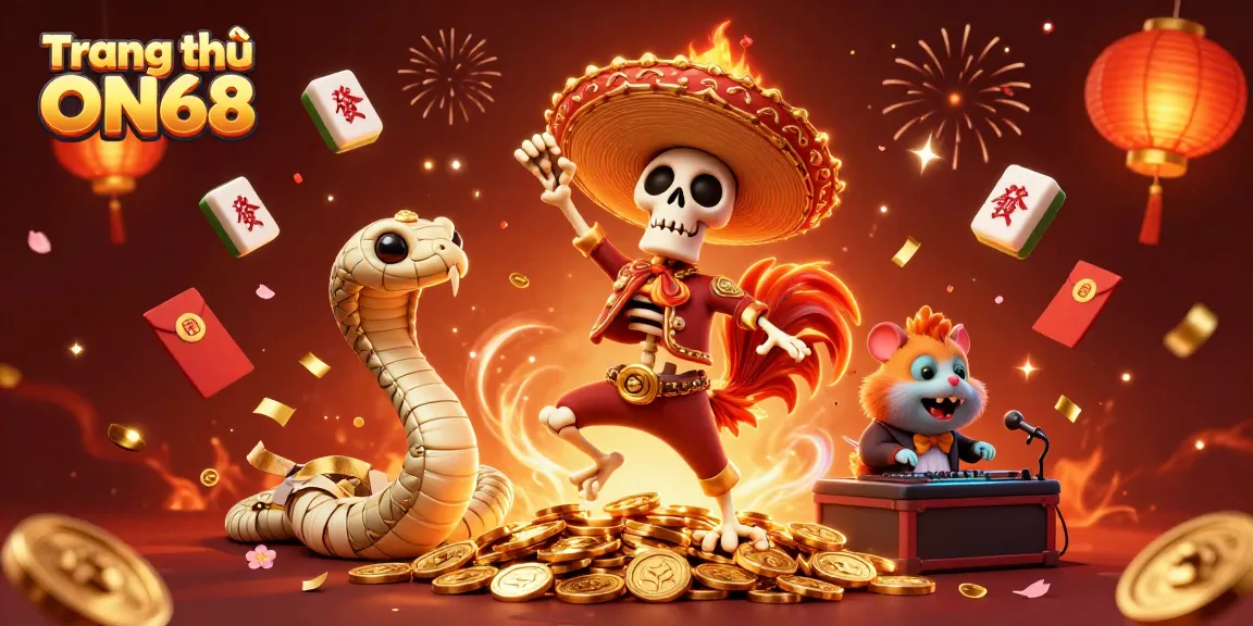 Experience the vibrant world of Trang chủ ON68 with a festive 3D casino celebration featuring a mariachi rooster and a DJ hamster.